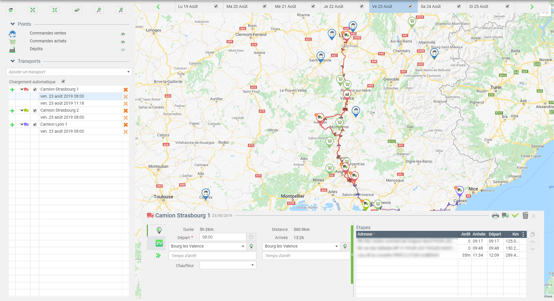 Carte interactive pour la création des feuilles de route dans l'outil de planification des tournées de l'ERP agro Copilote