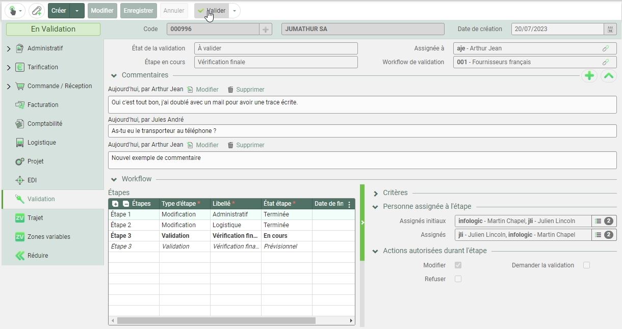Ecran de validation de la solution Workflow de la fiche fournisseur de l'ERP Copilote