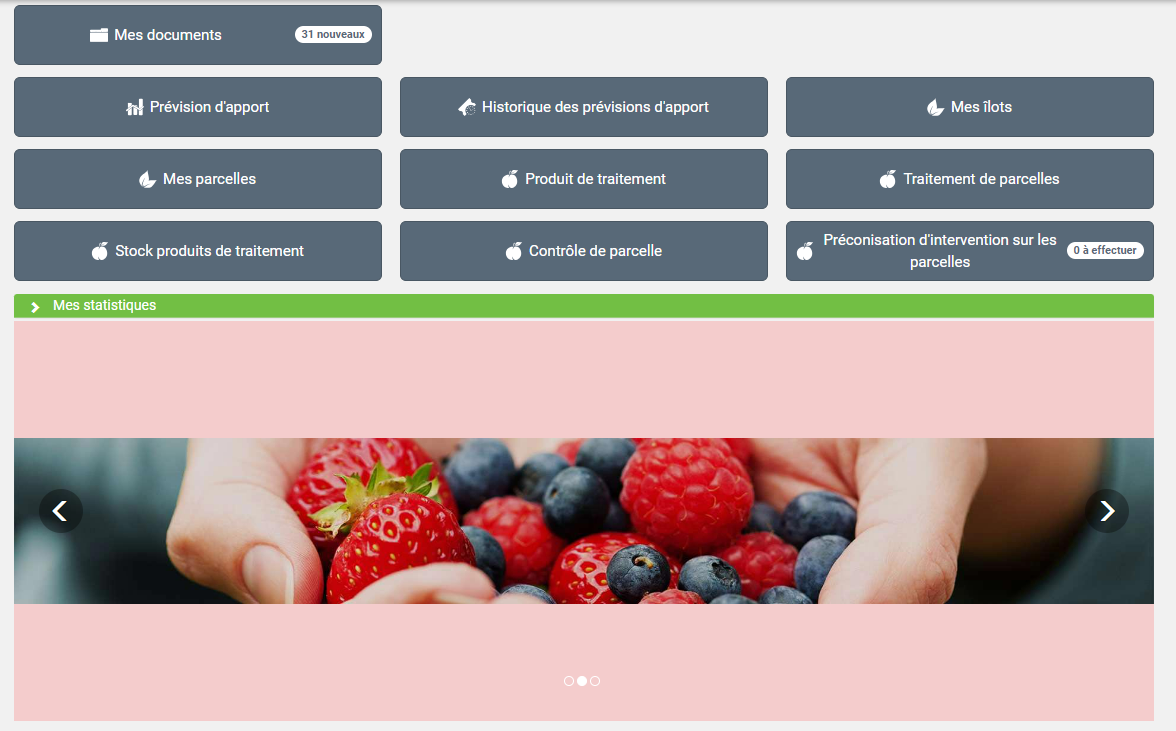Ecran d'accueil du portail apports de l'ERP agro Copilote